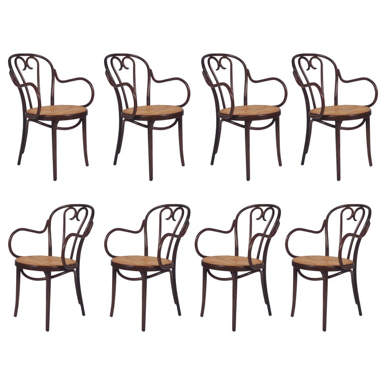 Vintage Set of Eight Bentwood and Cane Seat Armchair Dining Chairs by Thonet For Sale