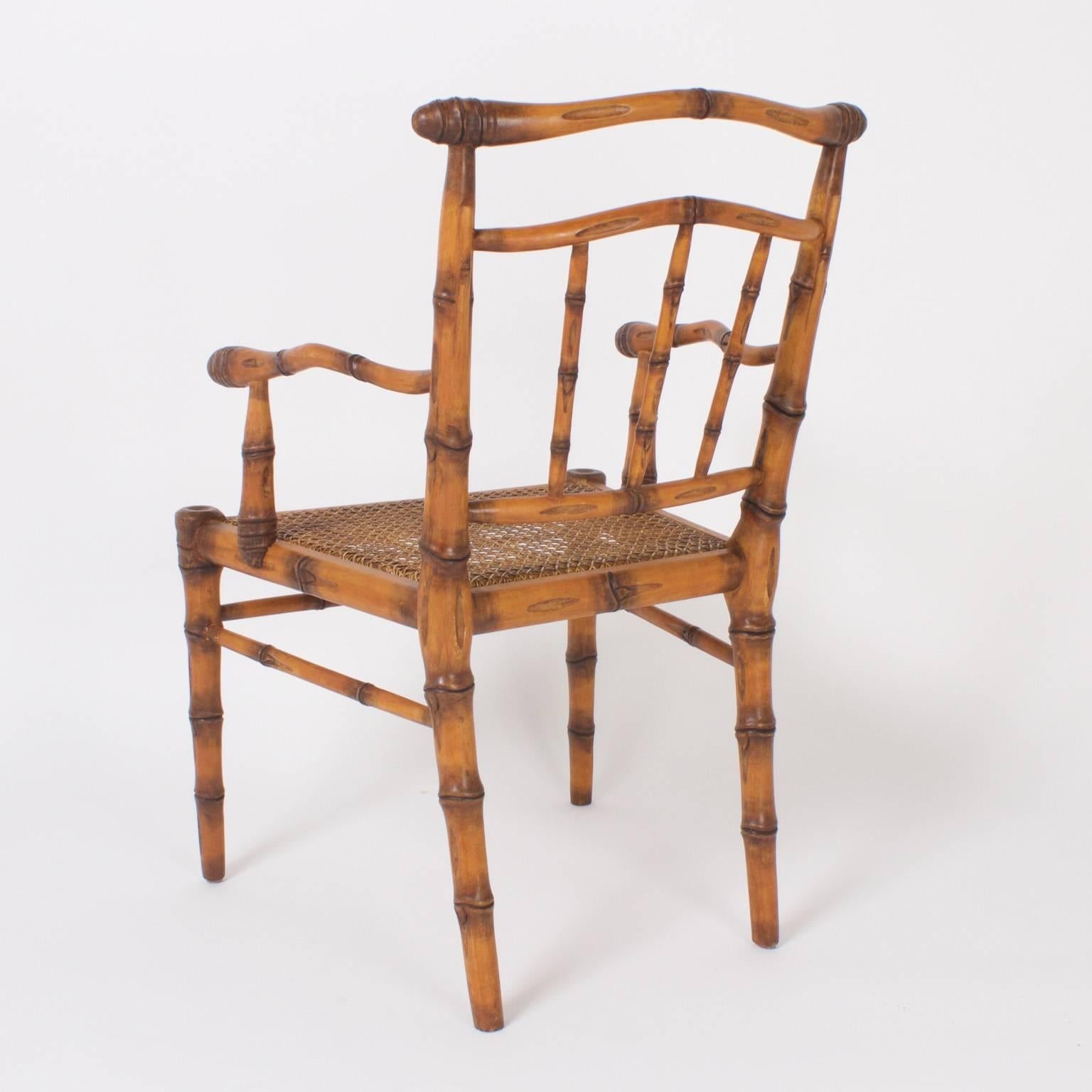British Colonial Vintage Set of Eight Carved Wood Faux Bamboo Chairs