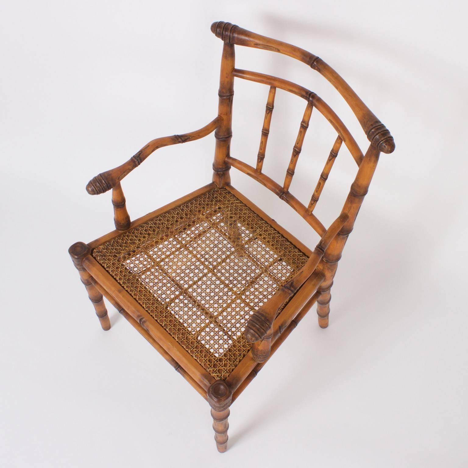 American Vintage Set of Eight Carved Wood Faux Bamboo Chairs