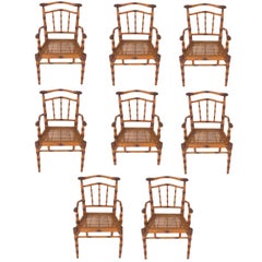 Vintage Set of Eight Carved Wood Faux Bamboo Chairs