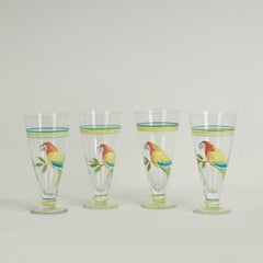 Vintage Set of Eight Footed Drinking Glasses with Hand Painted Parrots