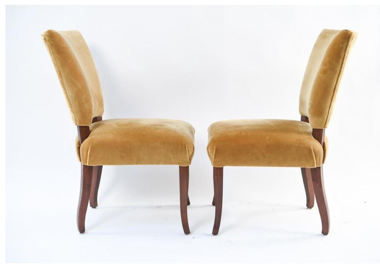 Vintage set of eight side dining chairs in neutral silk velvet.