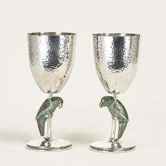 Vintage Set of Eight Silver on Copper Goblets or Stemware with Parrots