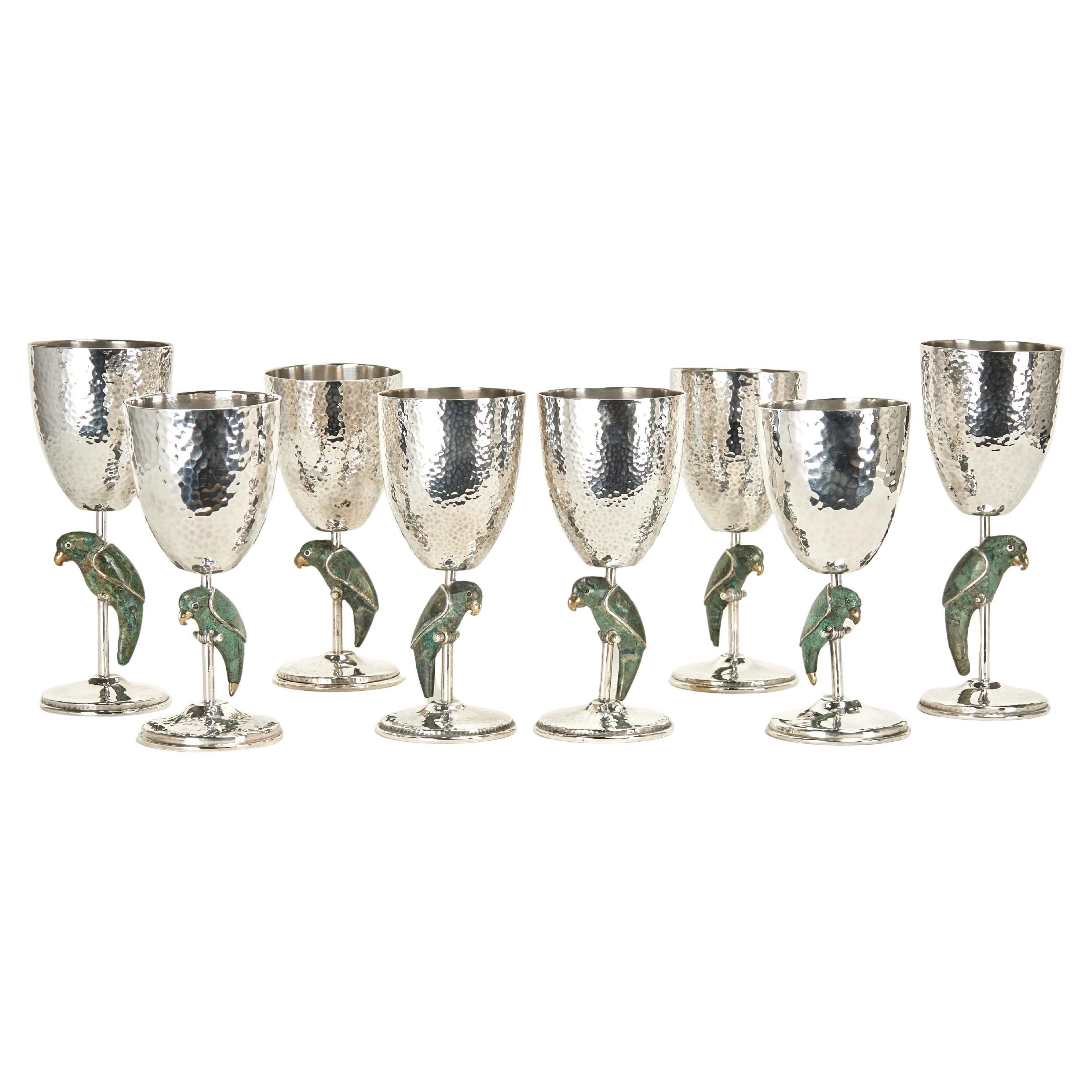 Vintage Set of Eight Silver on Copper Goblets or Stemware with Parrots For Sale