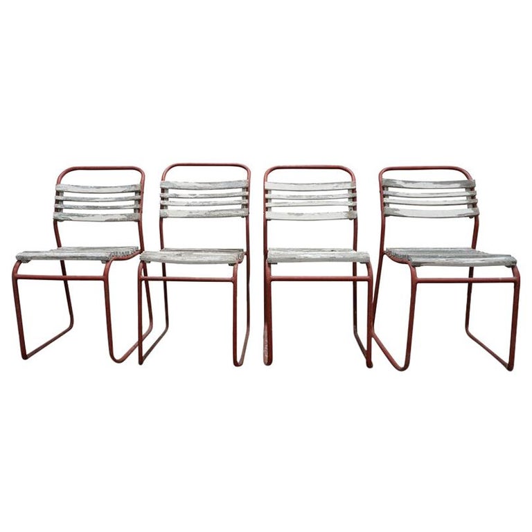 Set Of European Metal And Wood Outdoor Dining Chairs For Sale At 1stdibs