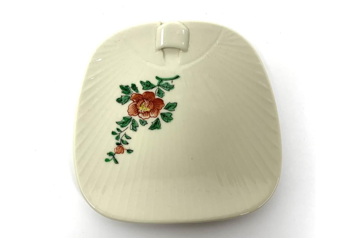 Ceramic Vintage Set Of Five Japanese Canapé Plates With Forks In Calligraphic Wood Case For Sale