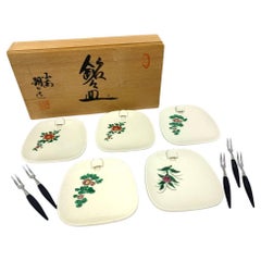 Vintage Set Of Five Japanese Canapé Plates With Forks In Calligraphic Wood Case