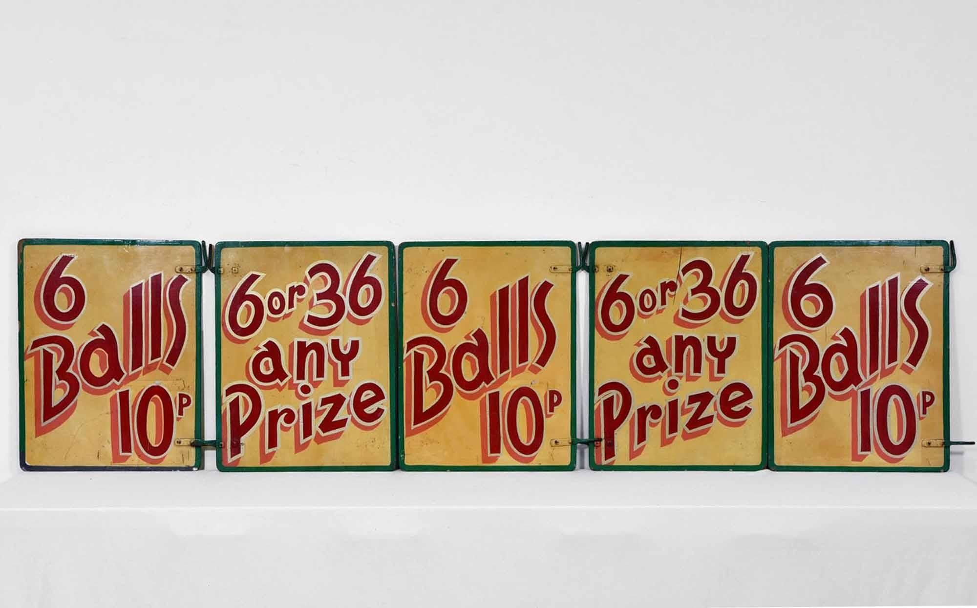 Plywood Vintage Set of Five Small Fairground Double Sided Painted Signs English, 1960s