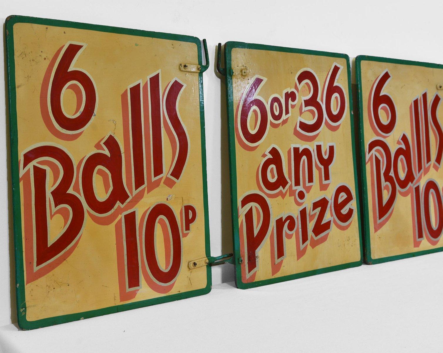 Vintage Set of Five Small Fairground Double Sided Painted Signs English, 1960s 1