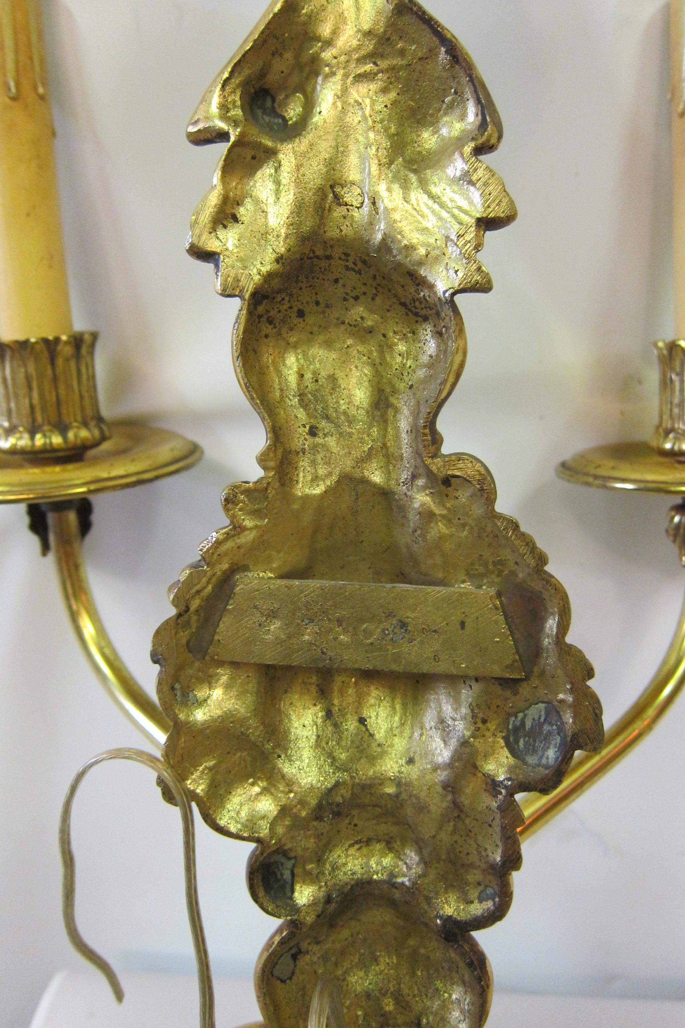 20th Century Vintage Set of Four '2 Pair' French Doré Bronze Candelabra Sconces For Sale