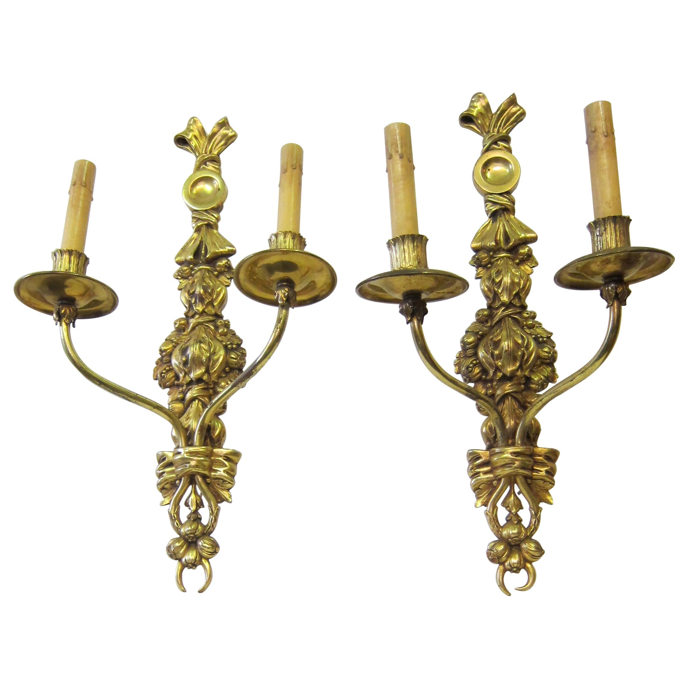 Vintage Set of Four '2 Pair' French Doré Bronze Candelabra Sconces For Sale