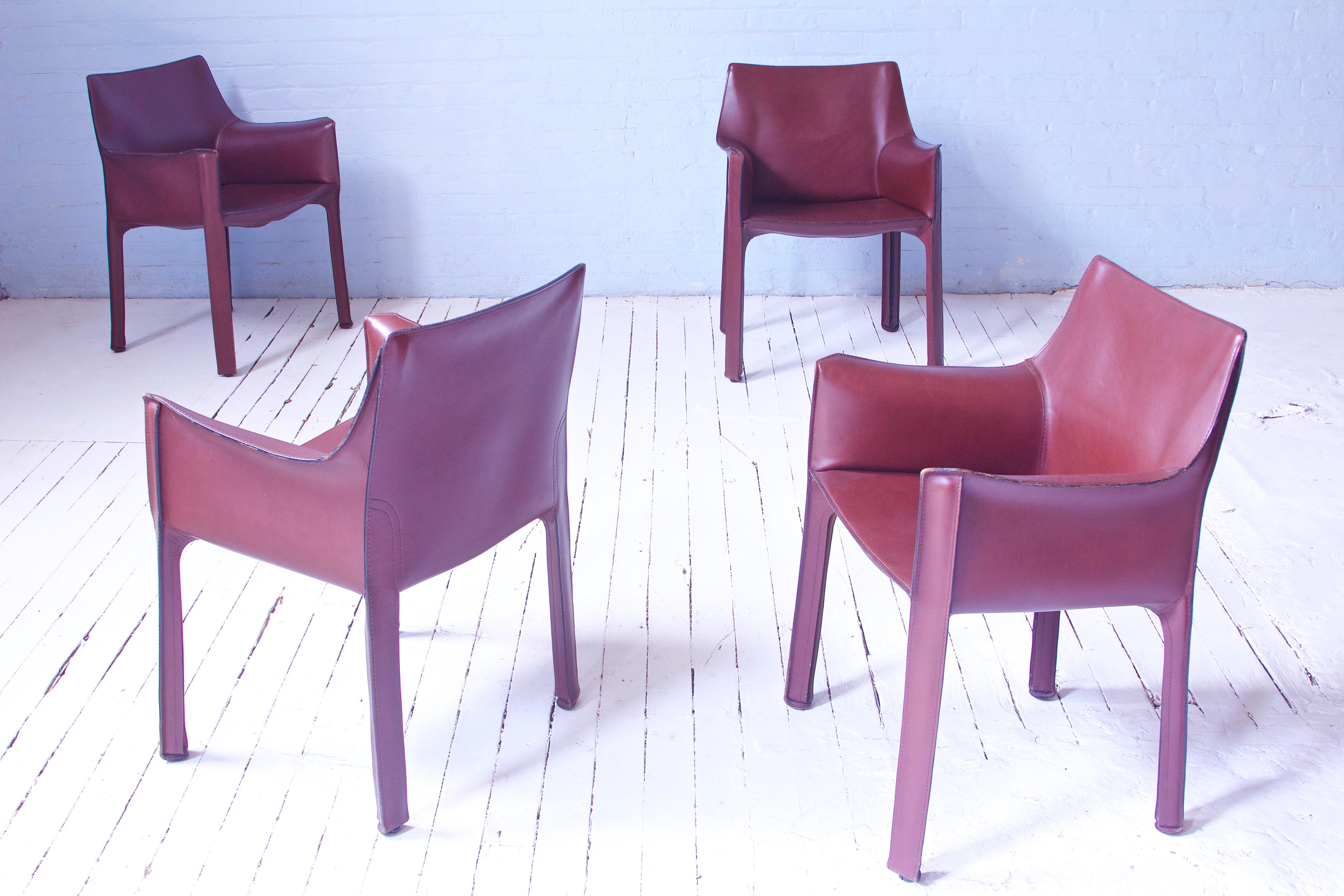 Vintage Set of Four Bellini Cab 413 Armchairs in Burgundy Leather, Italy, 1980's 2