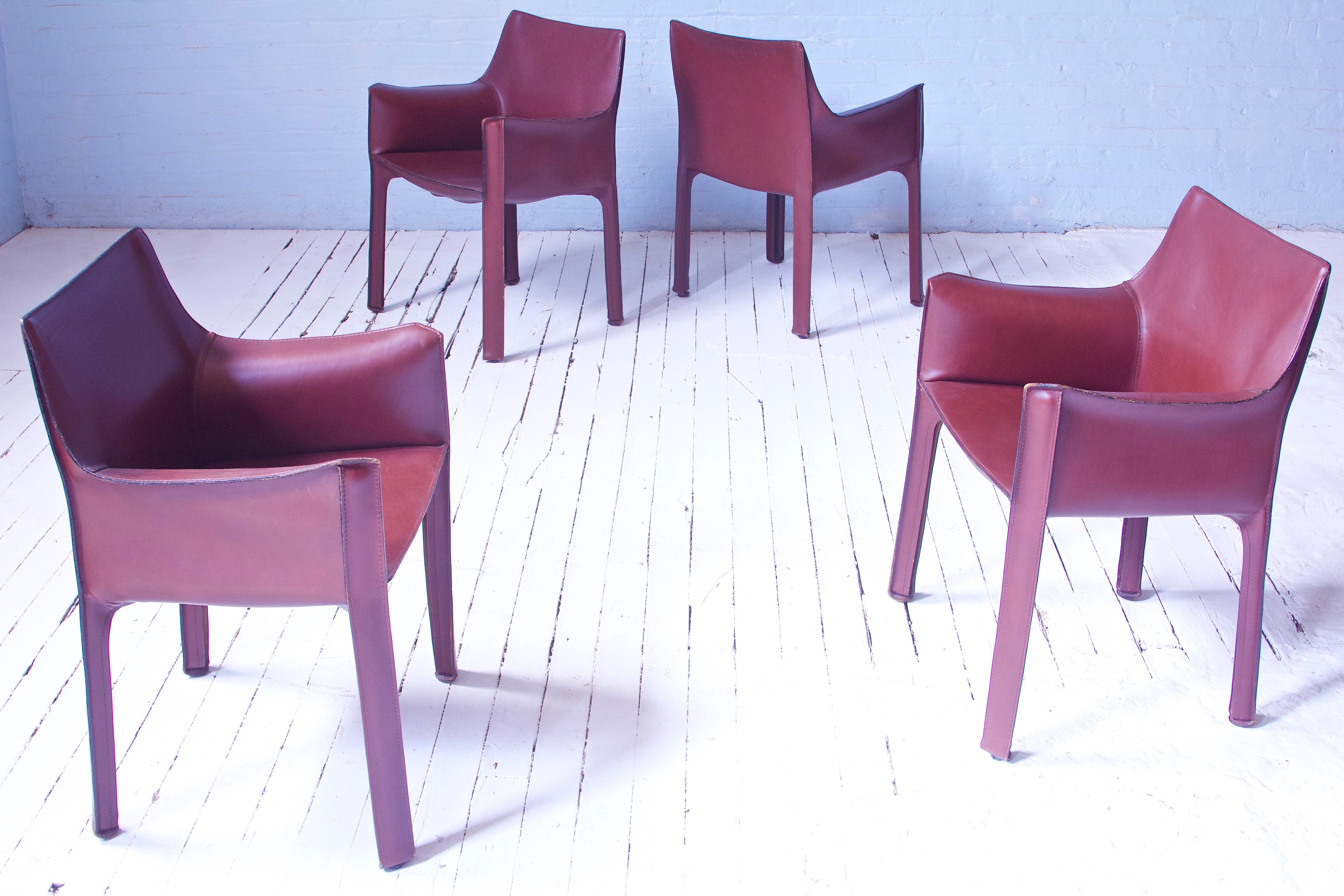 Steel Vintage Set of Four Bellini Cab 413 Armchairs in Burgundy Leather, Italy, 1980's