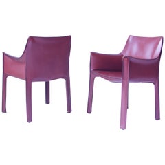 Vintage Set of Four Bellini Cab 413 Armchairs in Burgundy Leather, Italy, 1980's