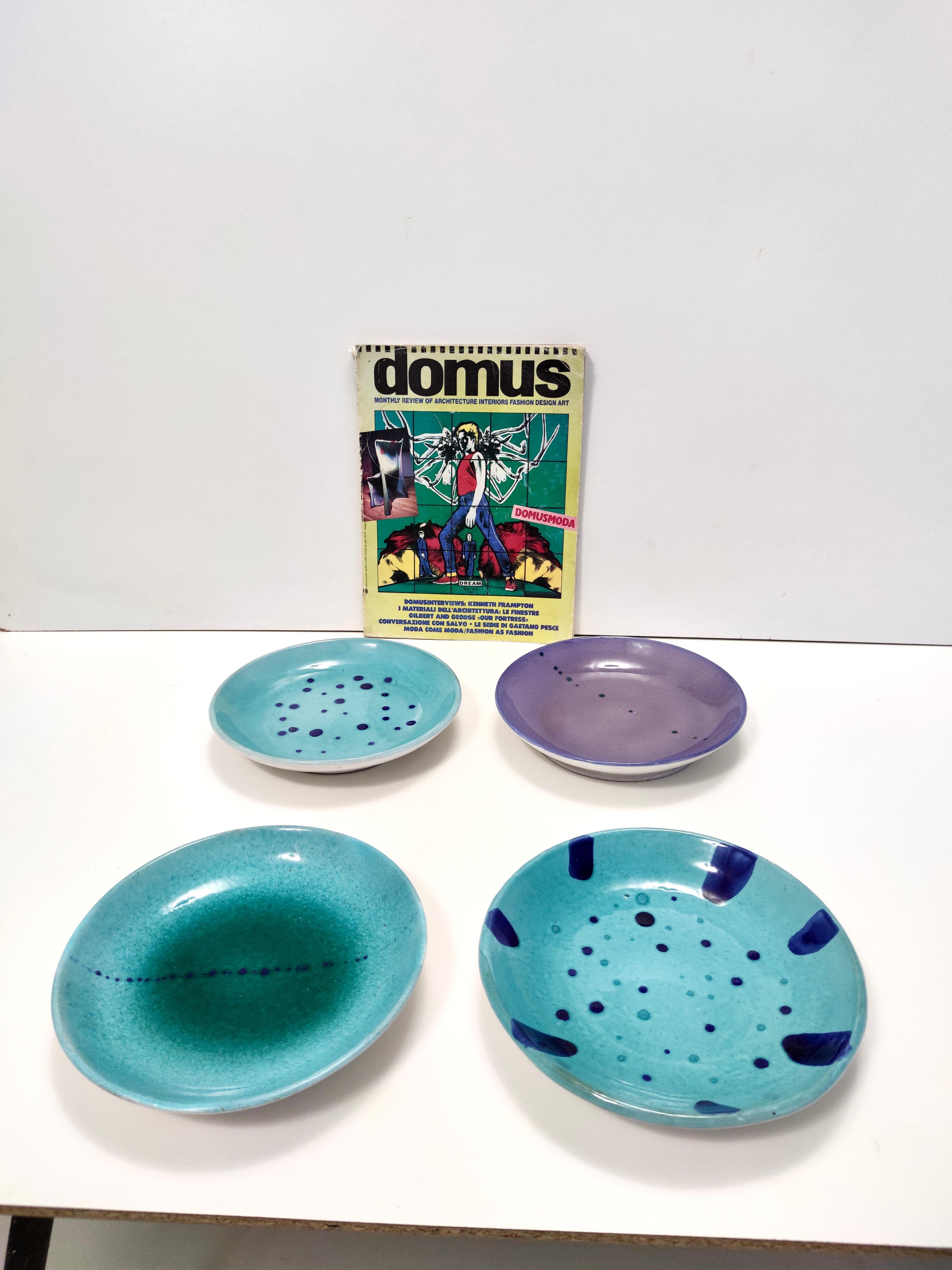 Mid-Century Modern Set of Four Turquoise Earthenware Vide-Poche / Decorative Plates by Albisola For Sale