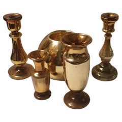 Vintage Set of Four Gold Mercury Glass Assorted Candlesticks and a Flower Bowl