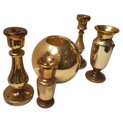Antique Set of Four Gold Mercury Glass Assorted Candlesticks and a Flower Bowl
