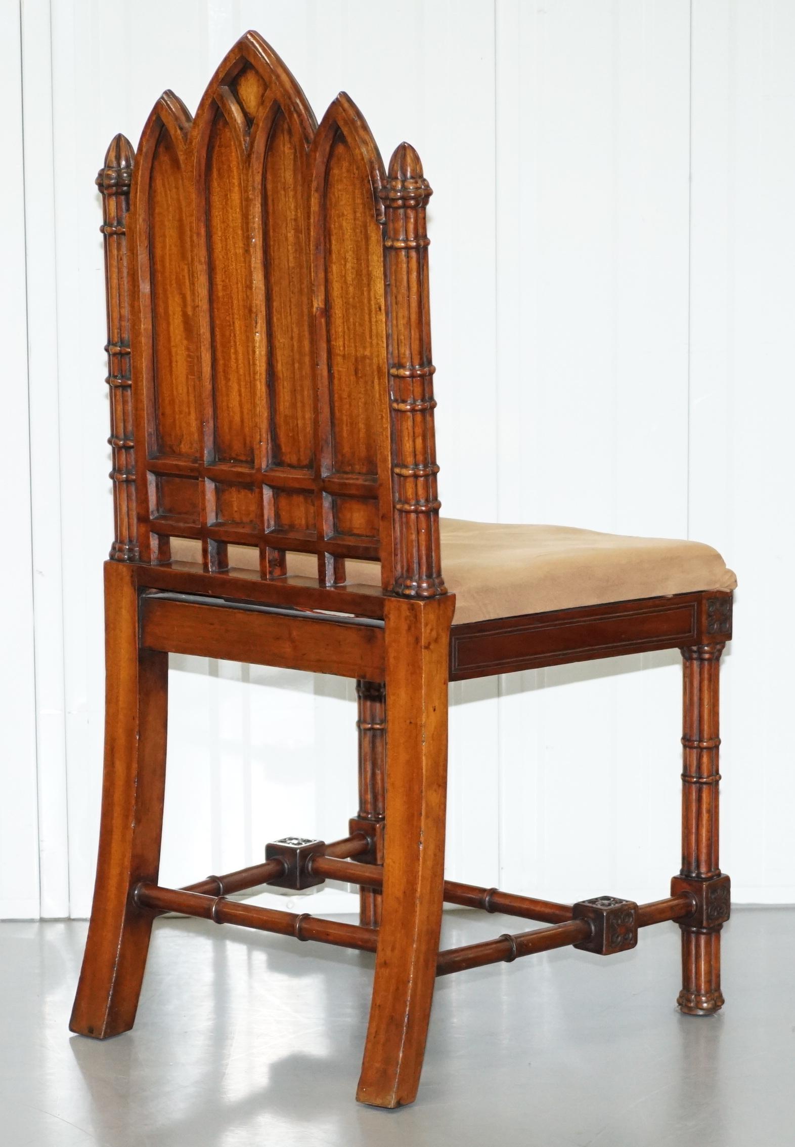 Vintage Set of Four Gothic Style Steeple Back Carved Wood Dining Chairs Must See 9