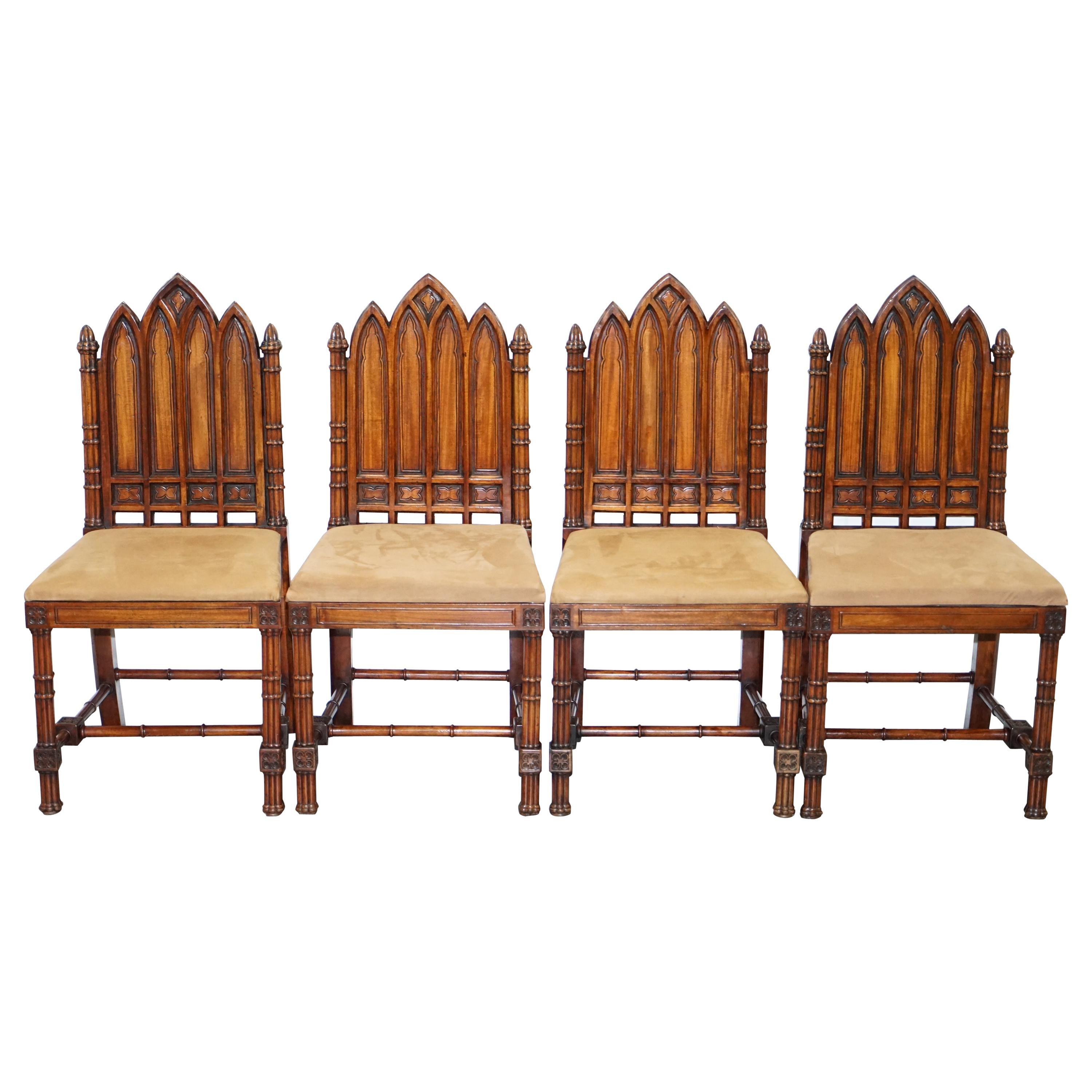 Vintage Set of Four Gothic Style Steeple Back Carved Wood Dining Chairs Must See