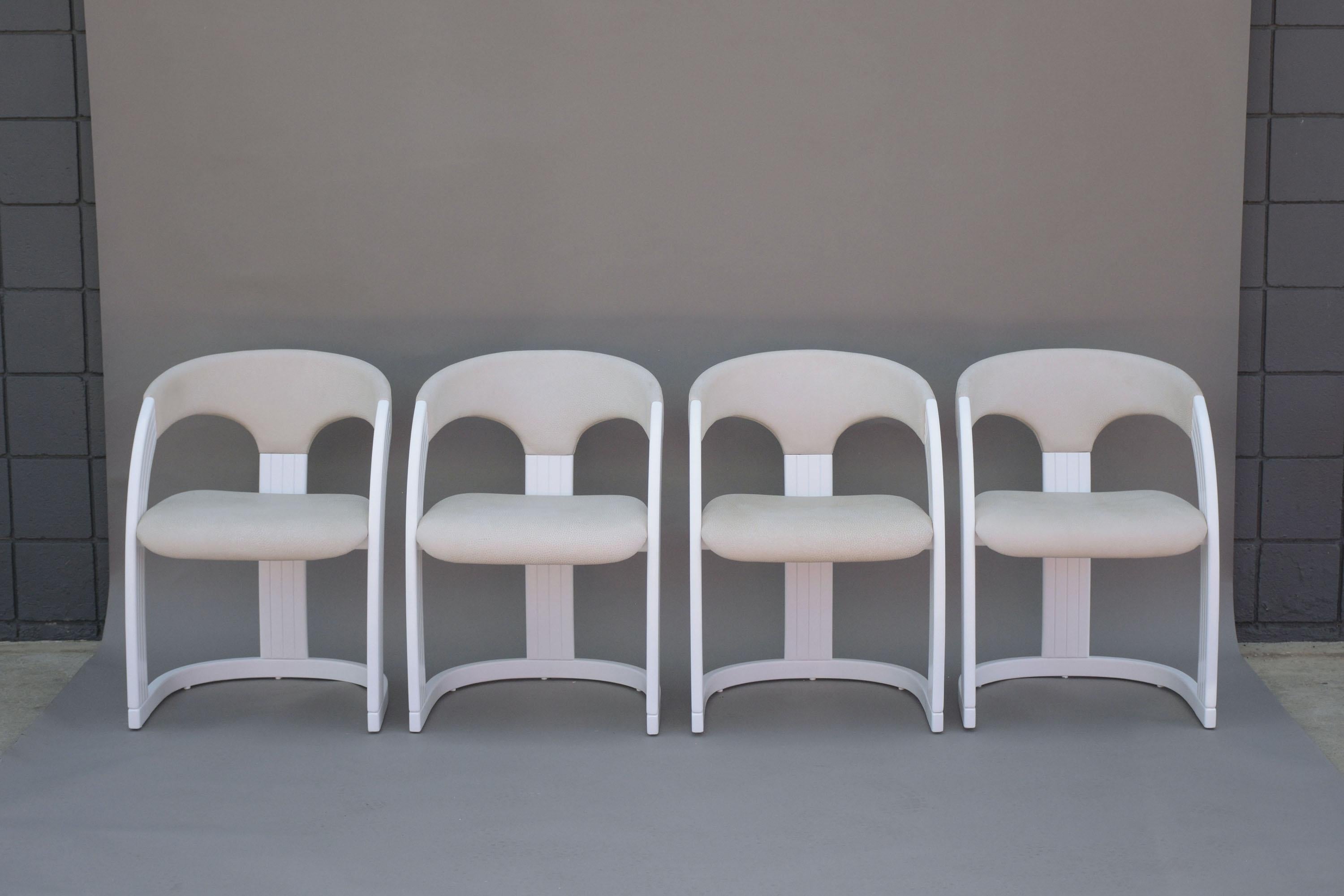 Modern 1970's Italian Dining Chairs Set - White Lacquered Wood & Leather For Sale