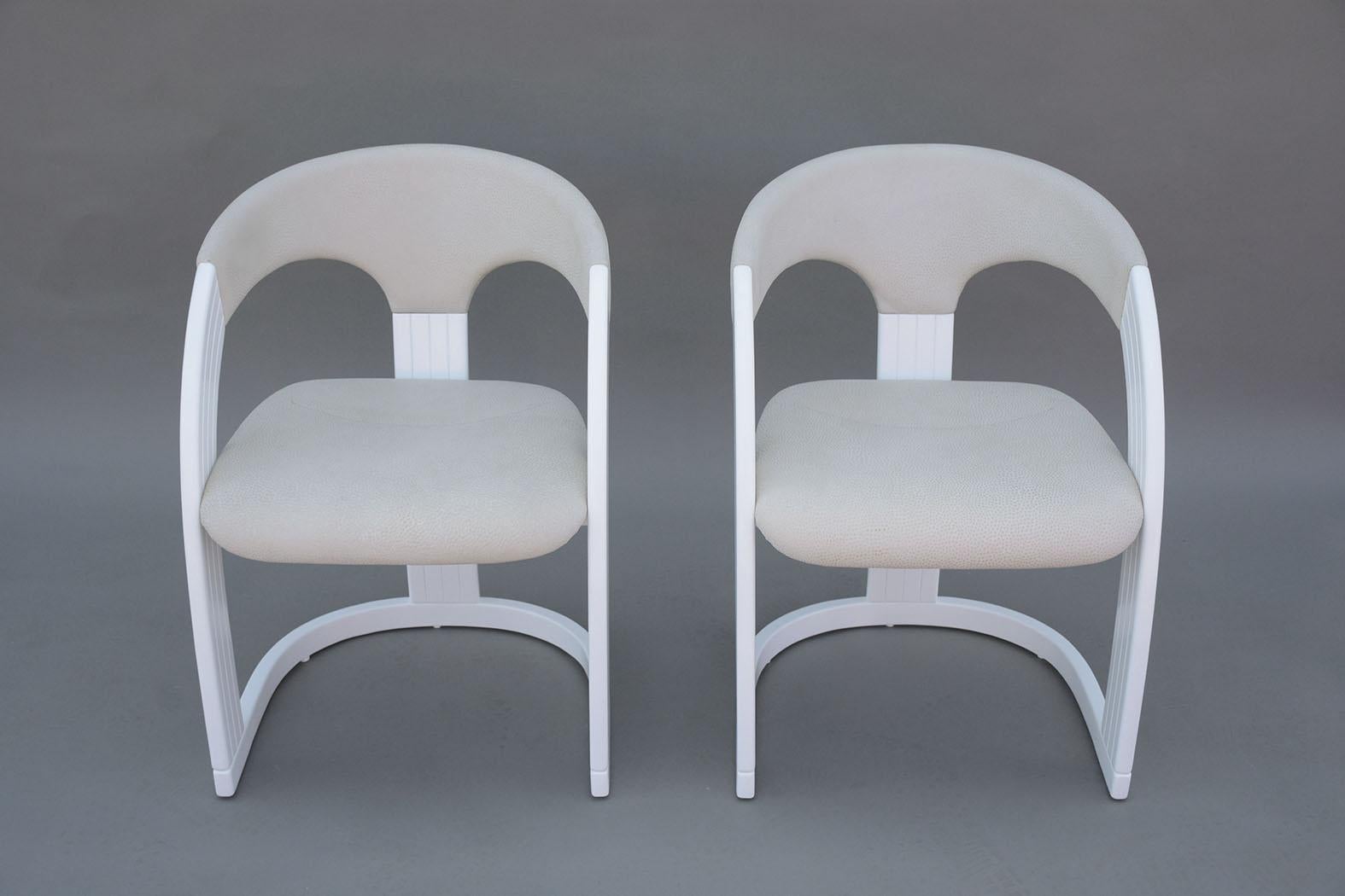 Hand-Crafted 1970's Italian Dining Chairs Set - White Lacquered Wood & Leather For Sale