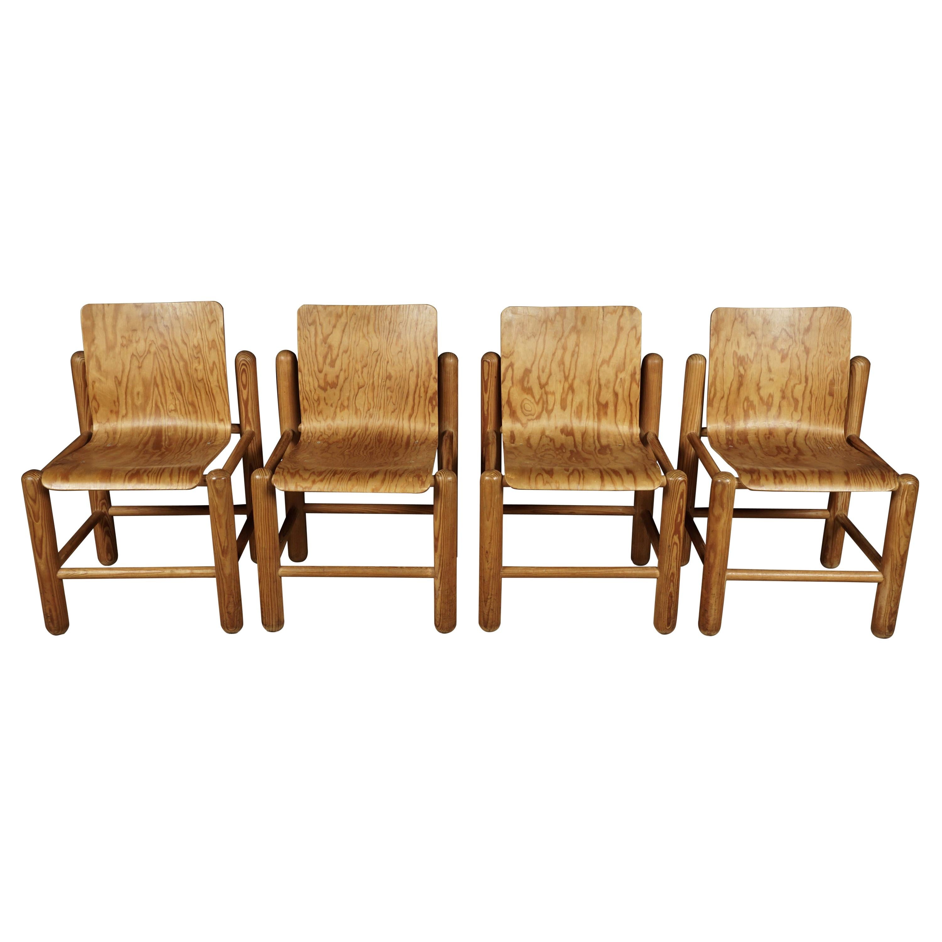 Vintage Set of Four Midcentury Pine Dining Chairs, Netherlands, circa 1970