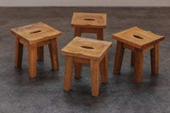 Vintage Set of Four Oak Stools From France, Circa 1960