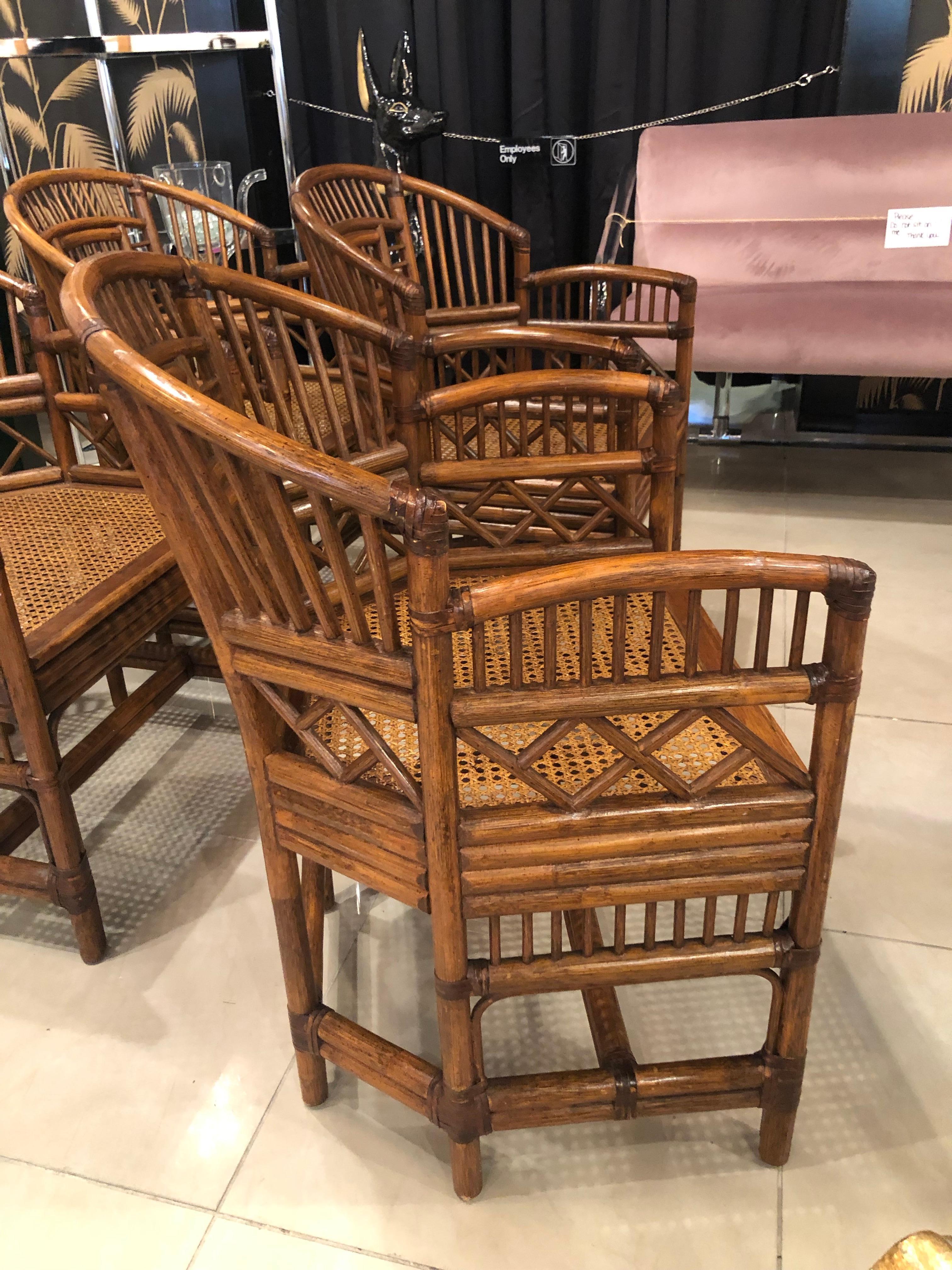 American Vintage Set of Four Rattan Chinese Chippendale Brighton Style Arm Dining Chairs