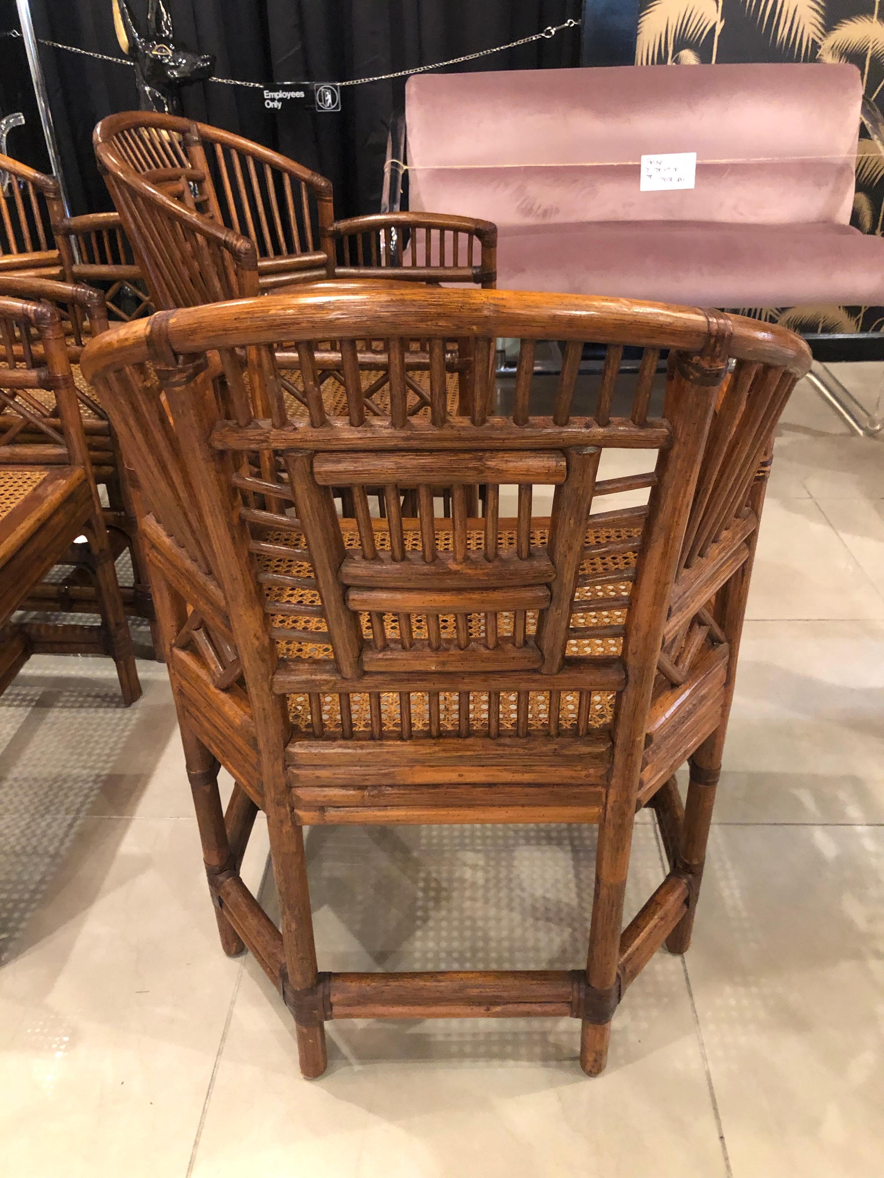 Vintage Set of Four Rattan Chinese Chippendale Brighton Style Arm Dining Chairs In Good Condition In West Palm Beach, FL