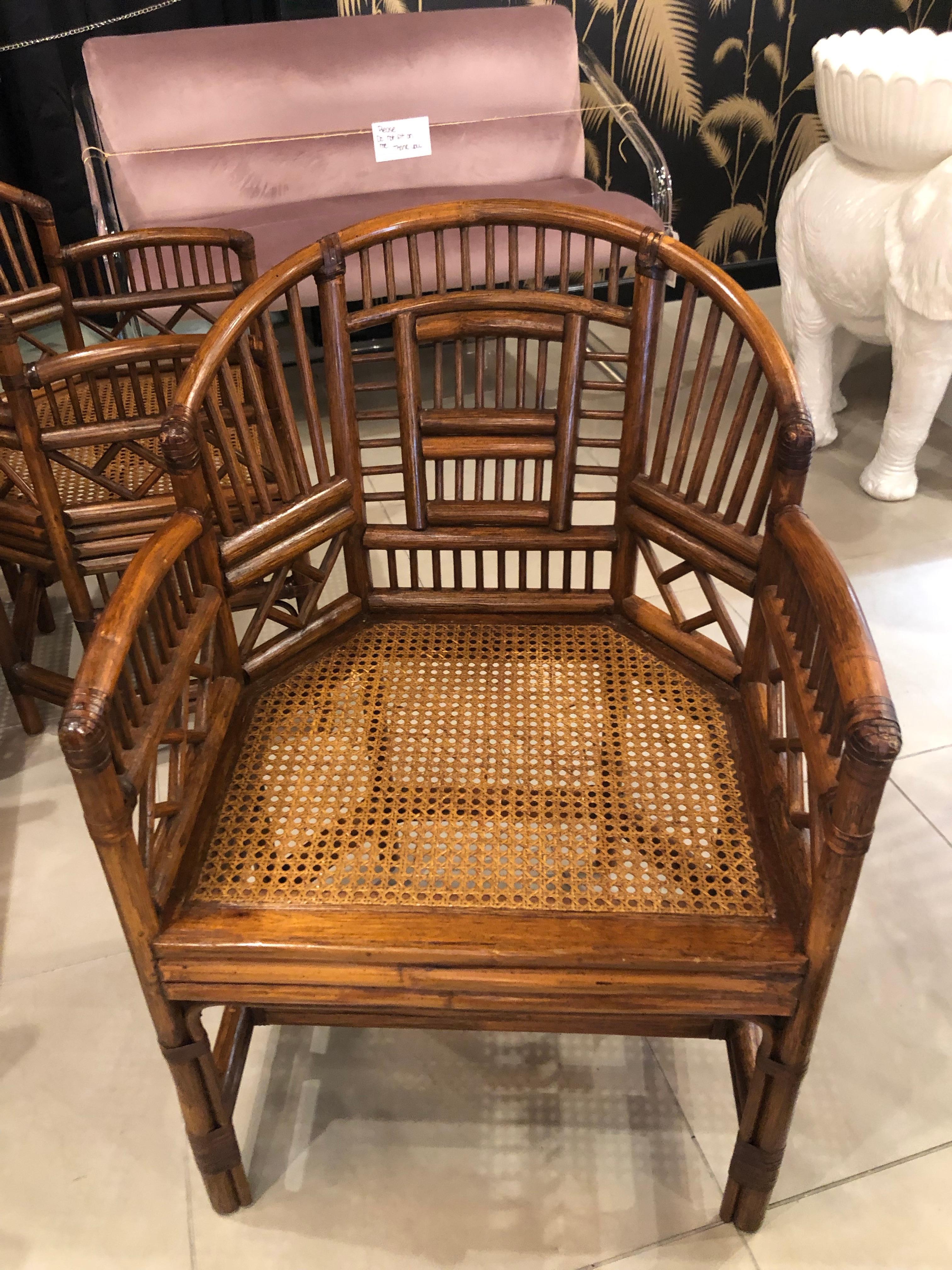 Late 20th Century Vintage Set of Four Rattan Chinese Chippendale Brighton Style Arm Dining Chairs