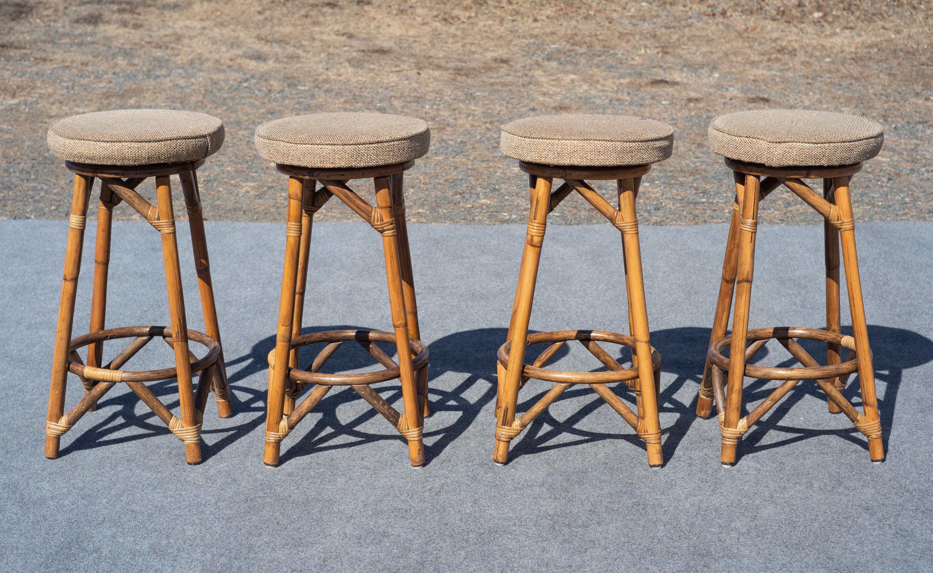 Designed and made in the United States, these barstools feature great construction, made with thick legs and plenty of support, tied together with expertly crafted rattan knots. The uphosltery complements the color of the frames very well, with a