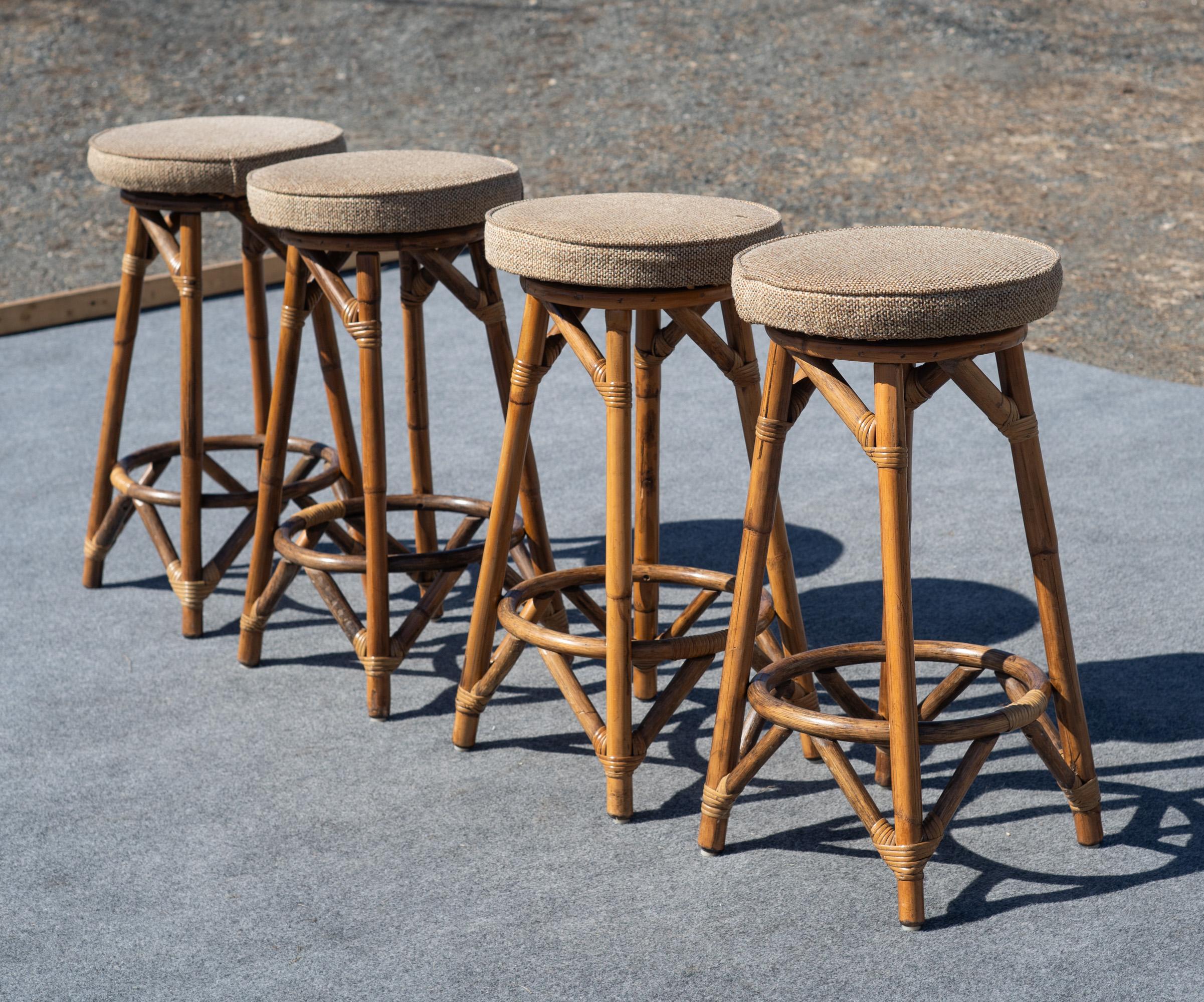 Mid-Century Modern Vintage Set of Four Thick Rattan & Upholstery Counter-Height Barstools For Sale
