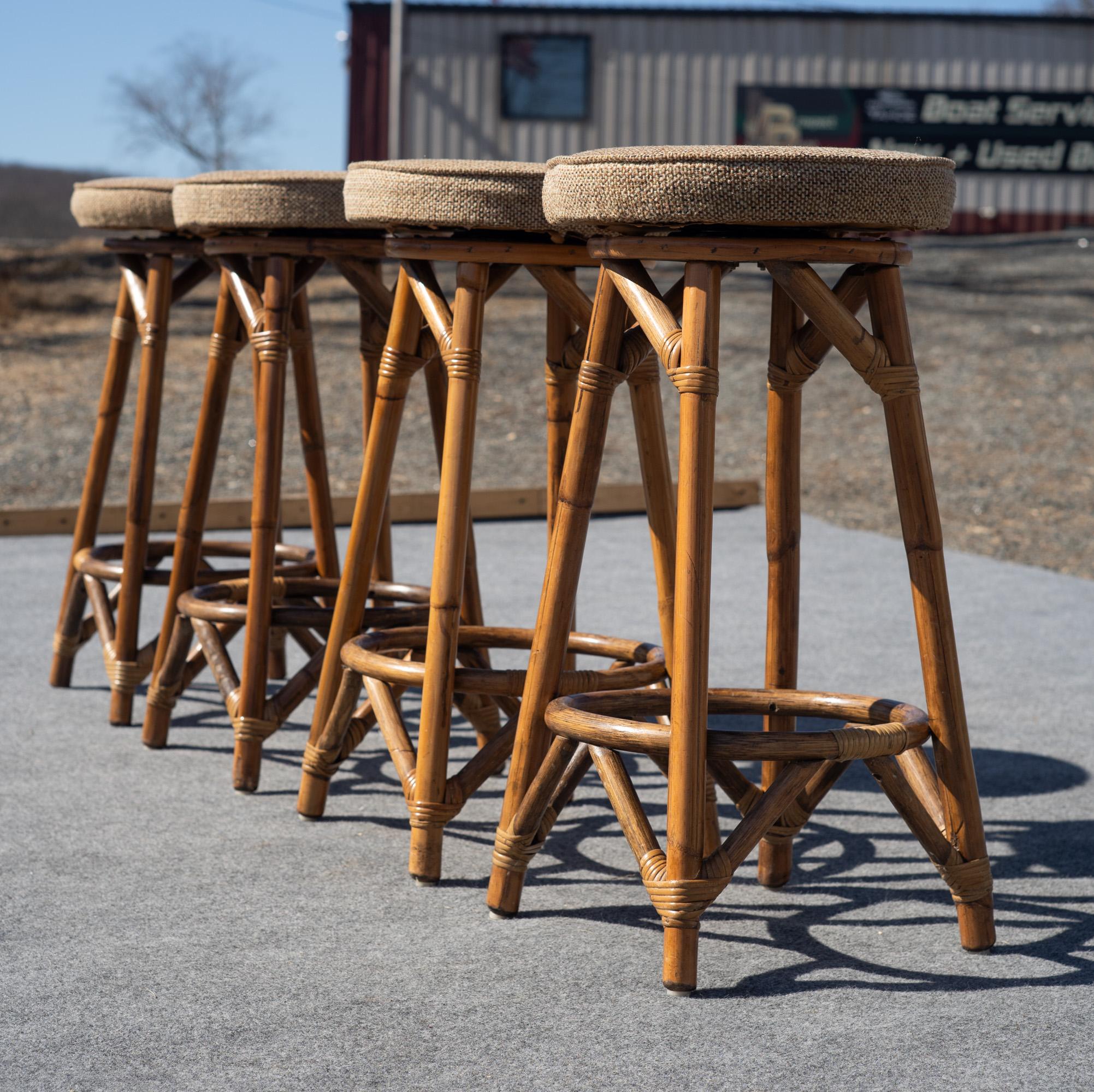American Vintage Set of Four Thick Rattan & Upholstery Counter-Height Barstools For Sale