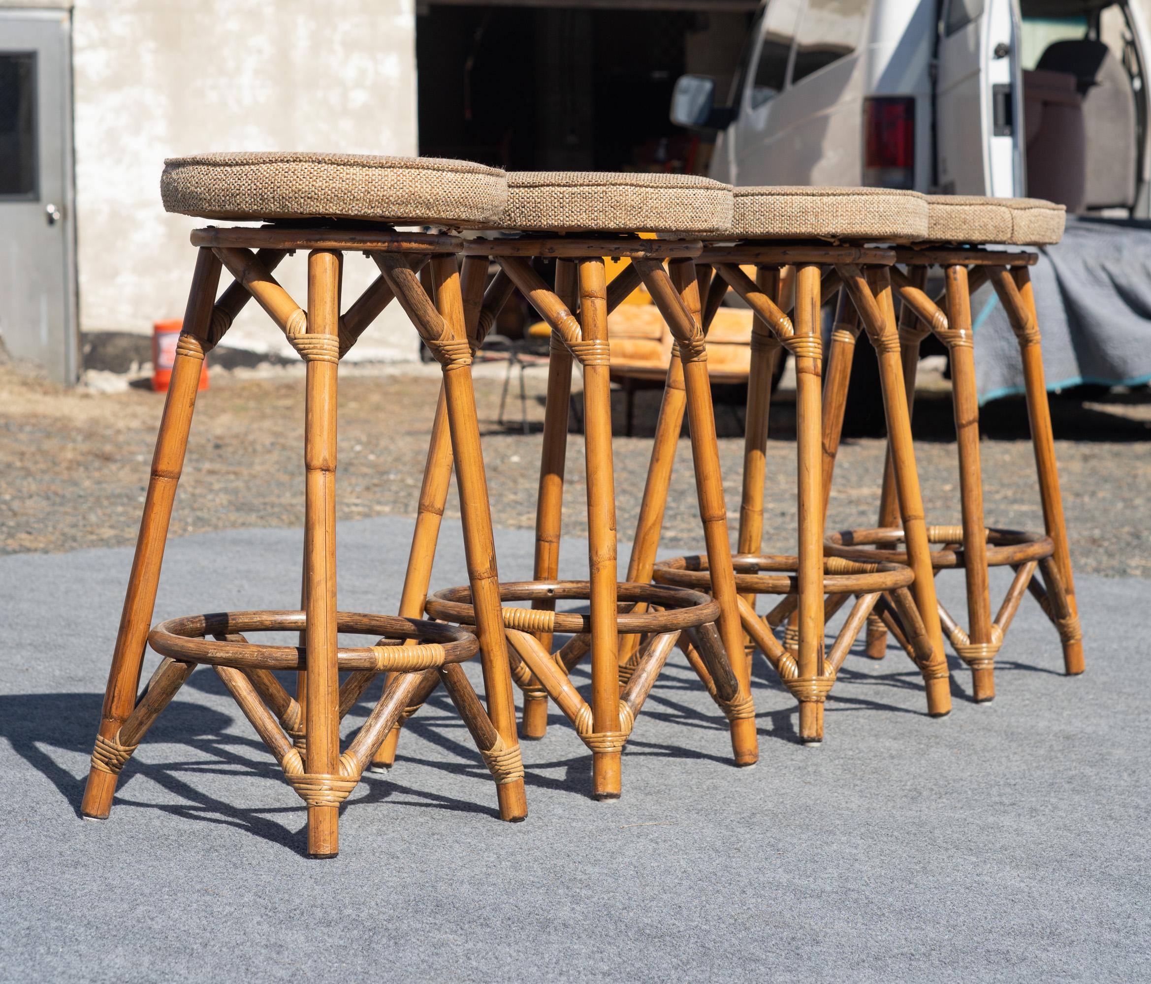 Vintage Set of Four Thick Rattan & Upholstery Counter-Height Barstools In Good Condition For Sale In Philadelphia, PA