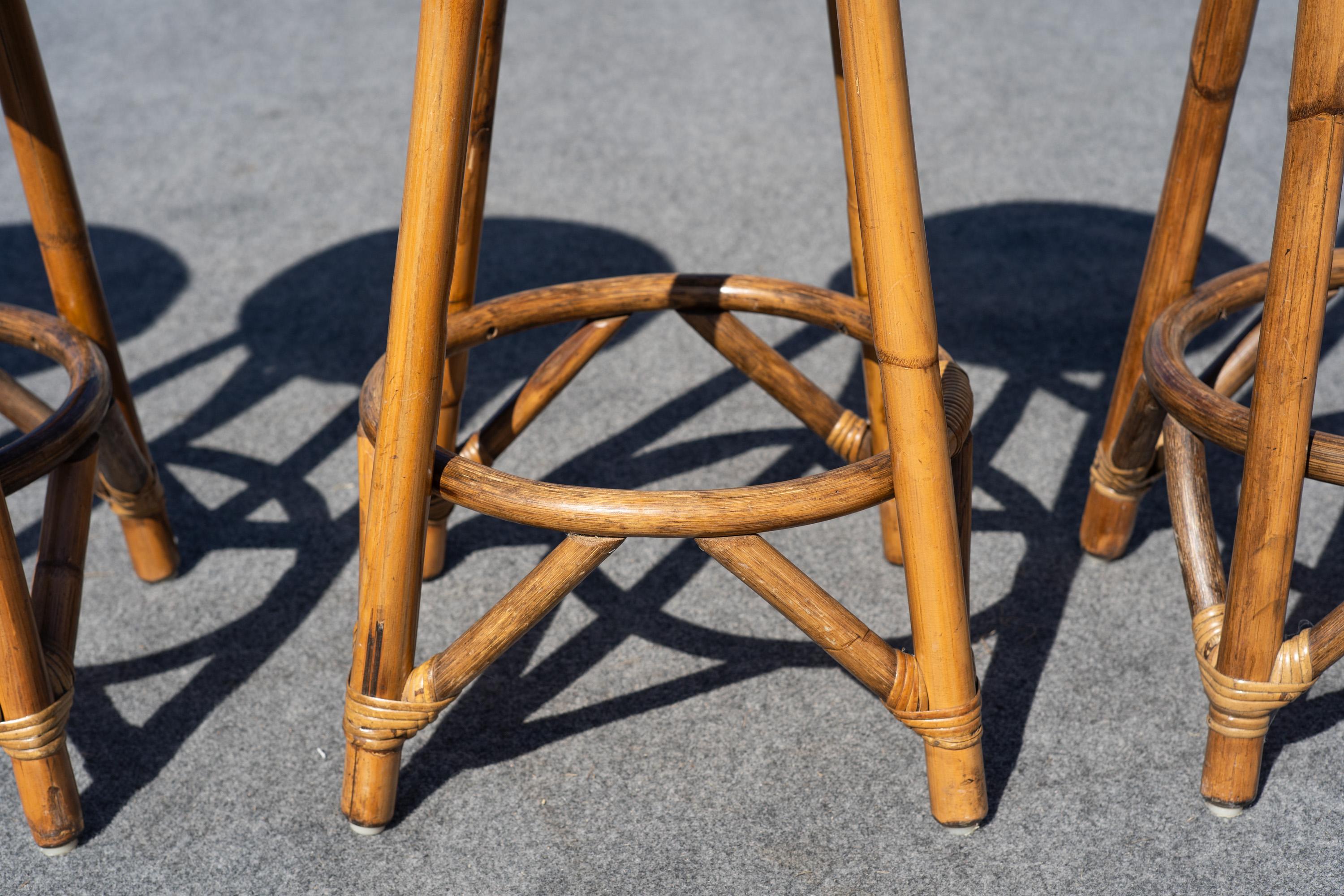 Vintage Set of Four Thick Rattan & Upholstery Counter-Height Barstools For Sale 1
