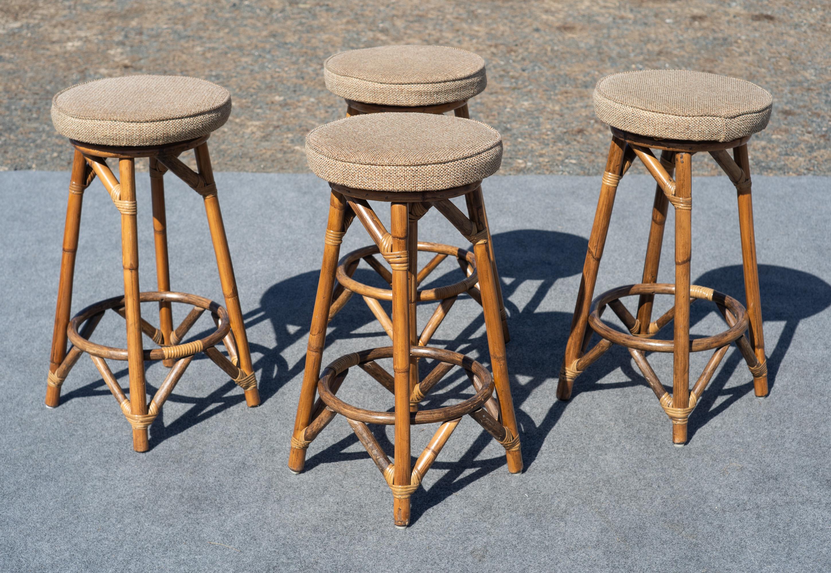 Vintage Set of Four Thick Rattan & Upholstery Counter-Height Barstools For Sale 2