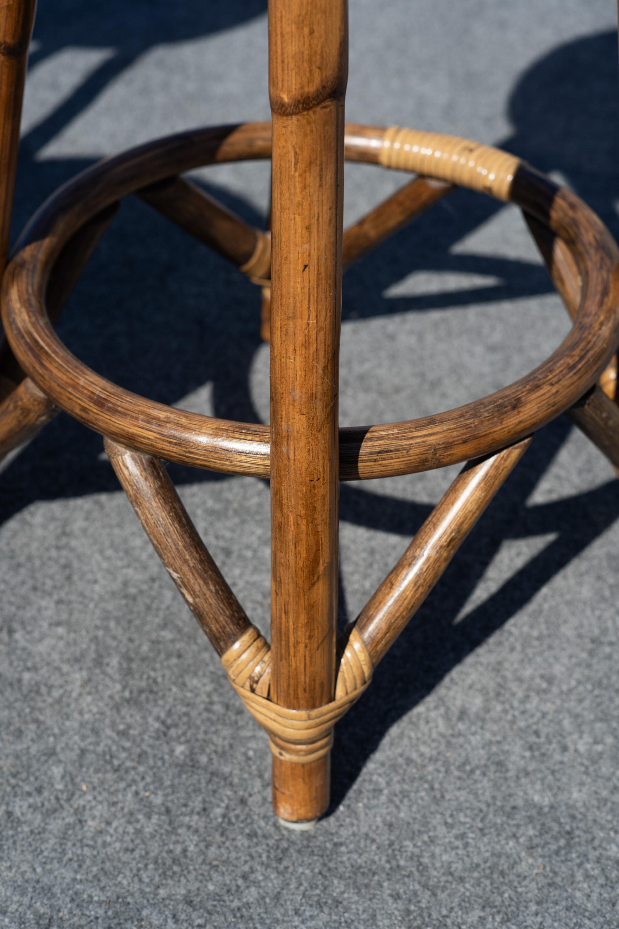 Vintage Set of Four Thick Rattan & Upholstery Counter-Height Barstools For Sale 3