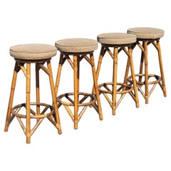 Vintage Set of Four Thick Rattan & Upholstery Counter-Height Barstools