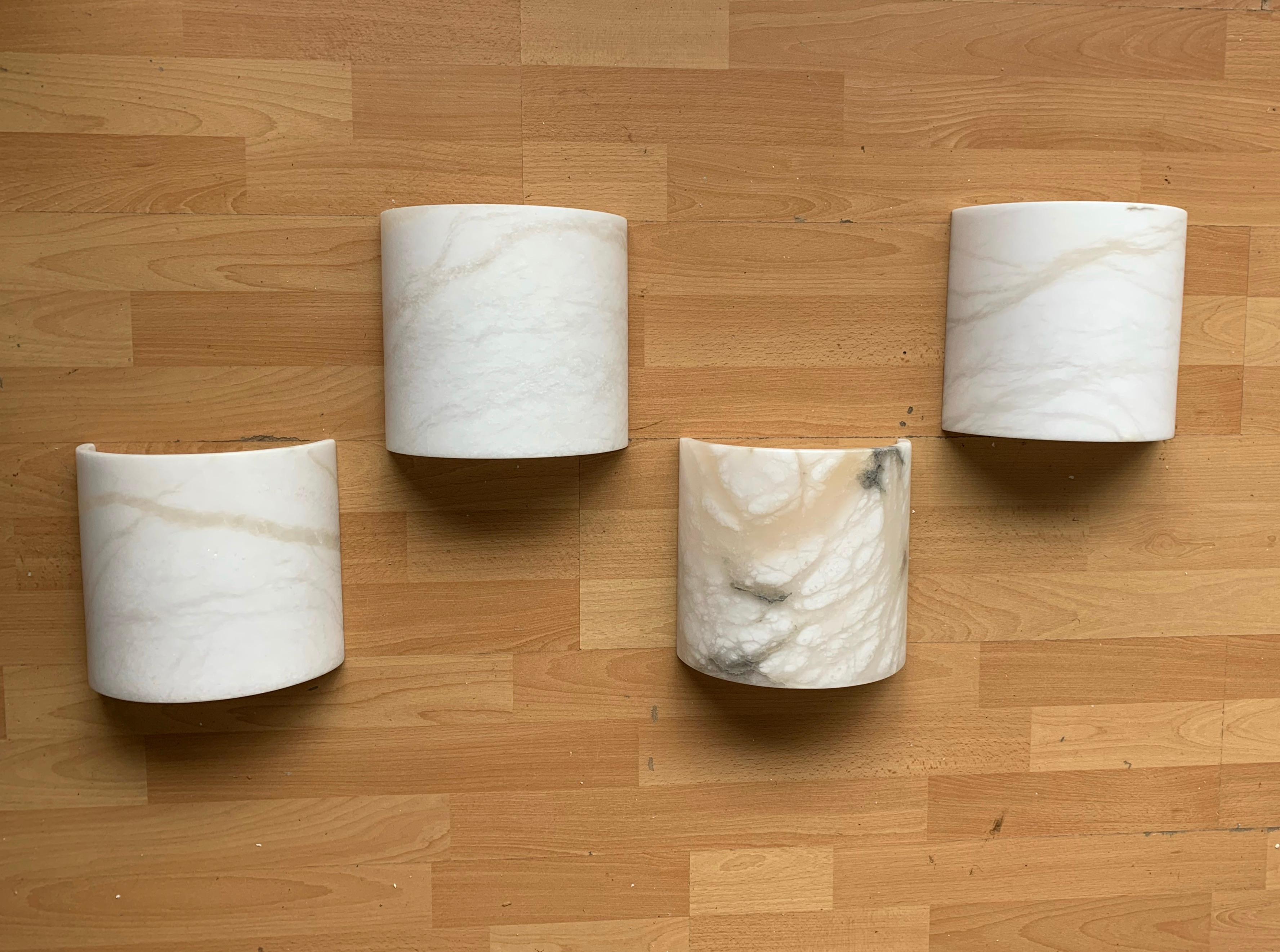 Italian Vintage Set of Four White Art Deco Style Alabaster Wall Sconces / Fixtures Lamps