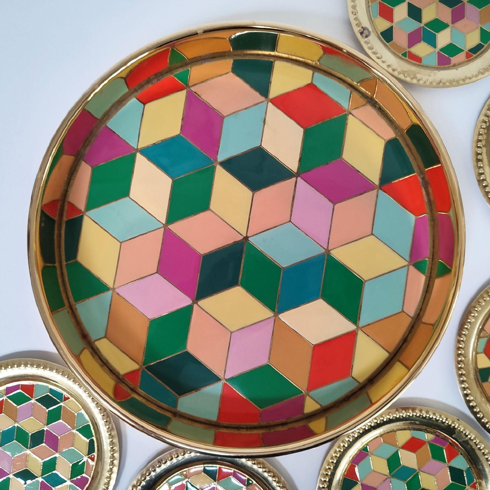 Mid-Century Modern Vintage Set of Gilt Metal and Enamel Round Tray and Six Coasters, Sweden 1970s