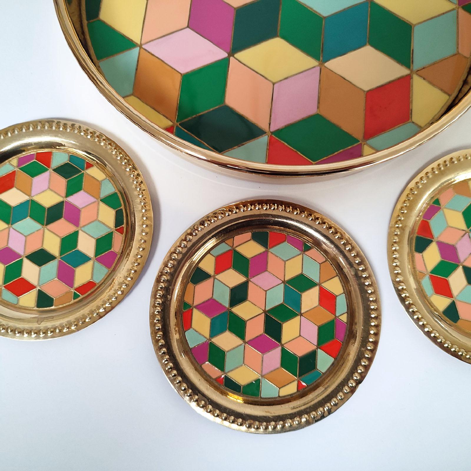 Swedish Vintage Set of Gilt Metal and Enamel Round Tray and Six Coasters, Sweden 1970s