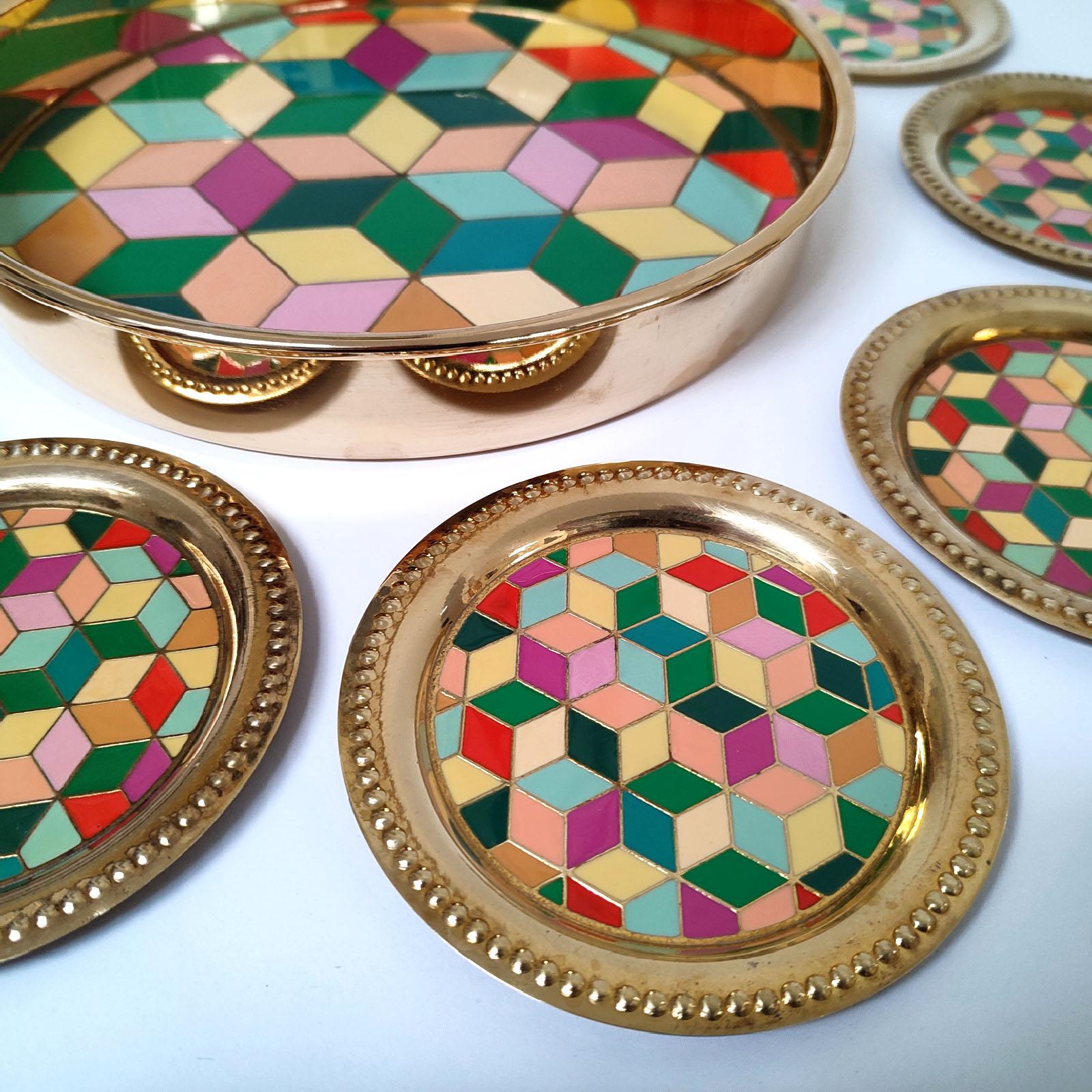 Vintage Set of Gilt Metal and Enamel Round Tray and Six Coasters, Sweden 1970s In Good Condition In Bochum, NRW