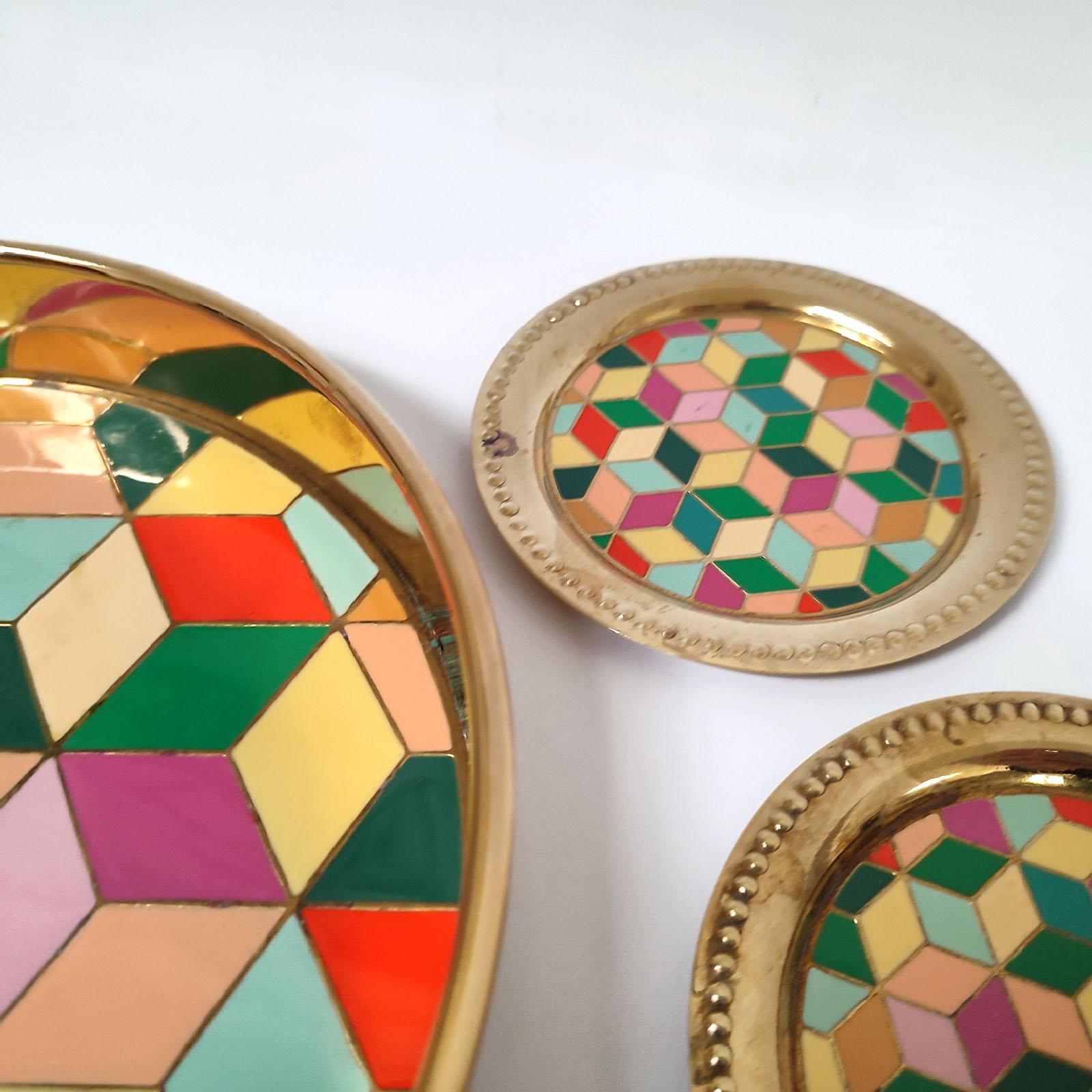 Late 20th Century Vintage Set of Gilt Metal and Enamel Round Tray and Six Coasters, Sweden 1970s