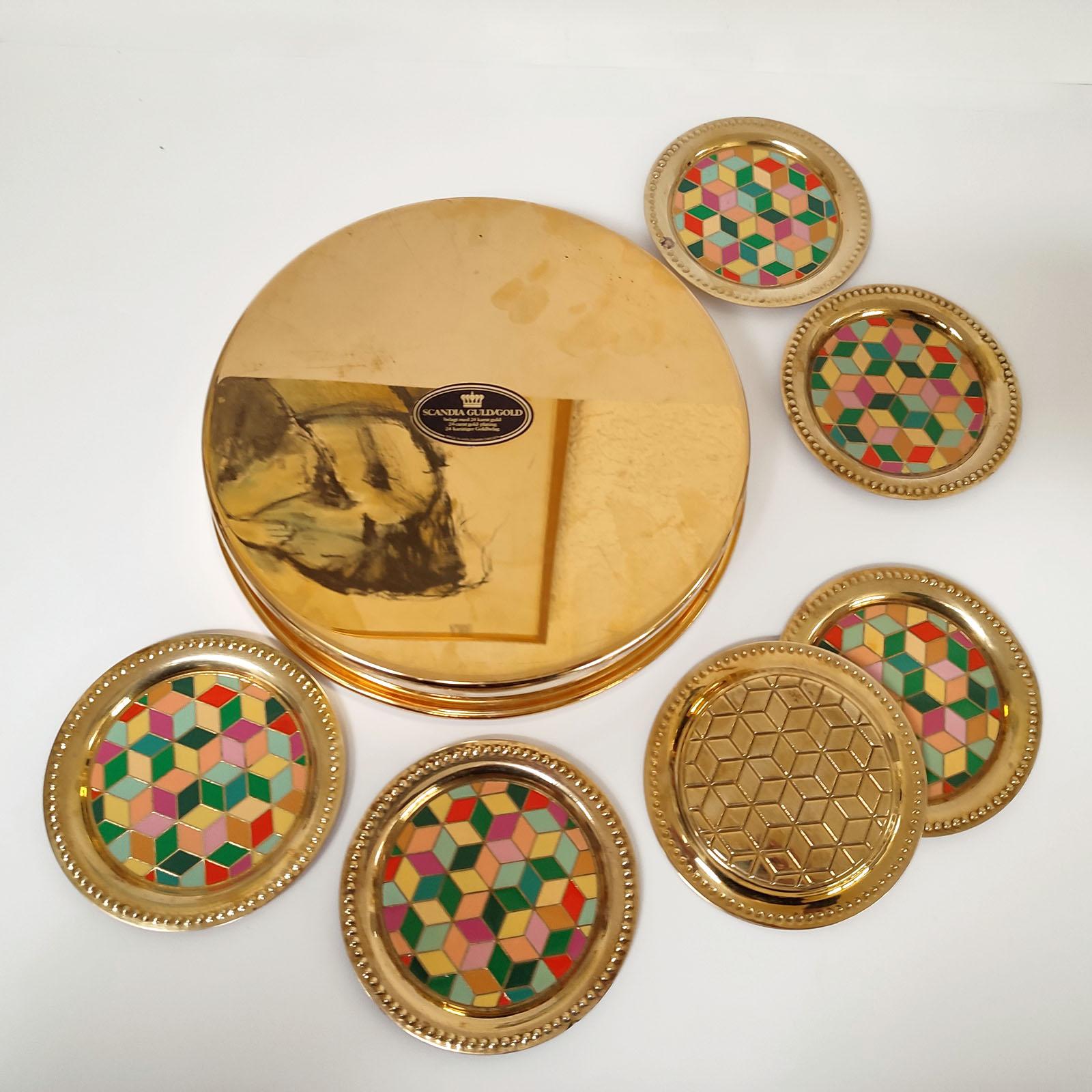 Brass Vintage Set of Gilt Metal and Enamel Round Tray and Six Coasters, Sweden 1970s