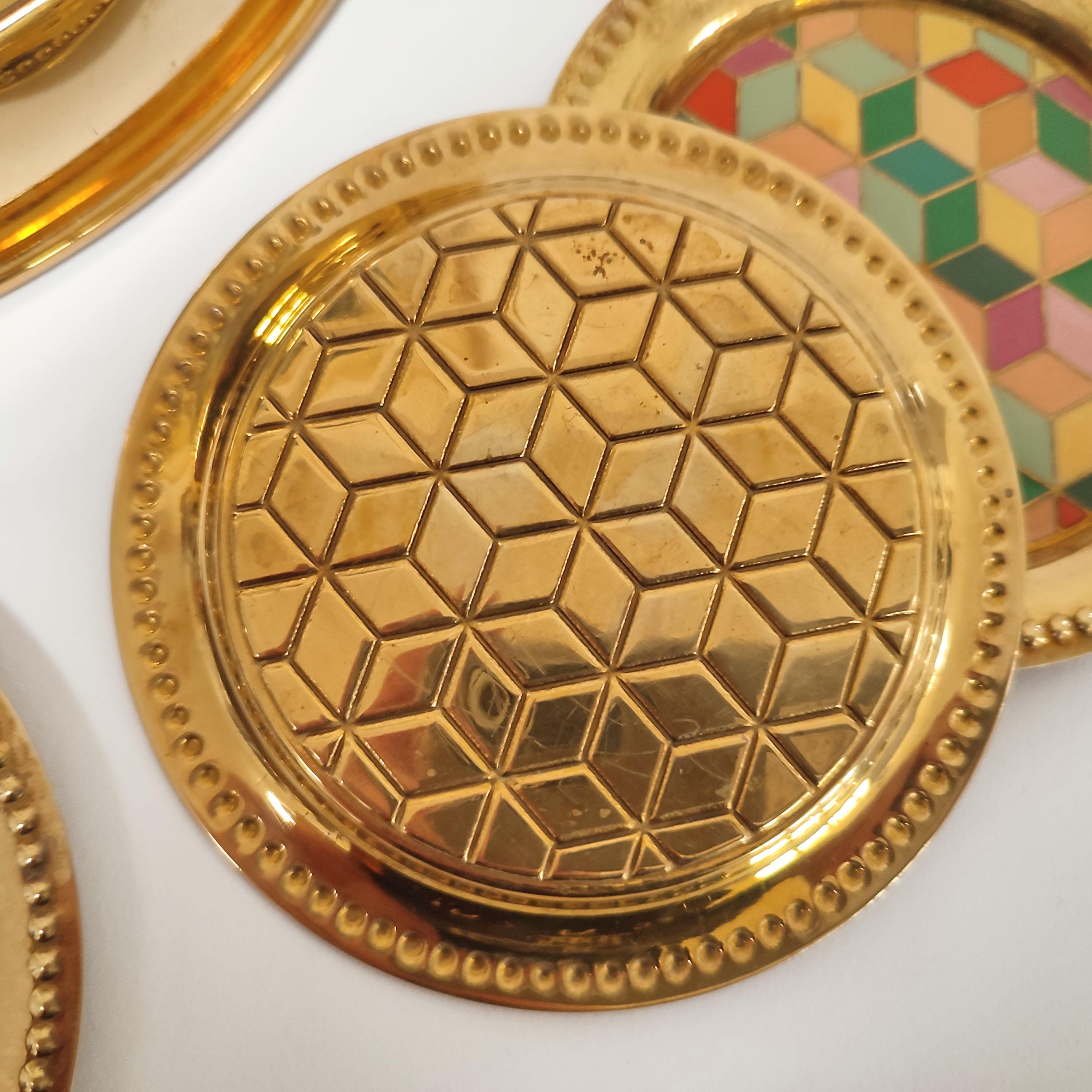 Vintage Set of Gilt Metal and Enamel Round Tray and Six Coasters, Sweden 1970s 1