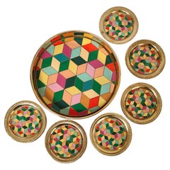 Vintage Set of Gilt Metal and Enamel Round Tray and Six Coasters, Sweden 1970s