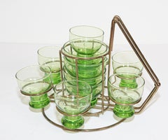 Vintage Set of Green Cocktail Glasses in Brass Cart, 1960s