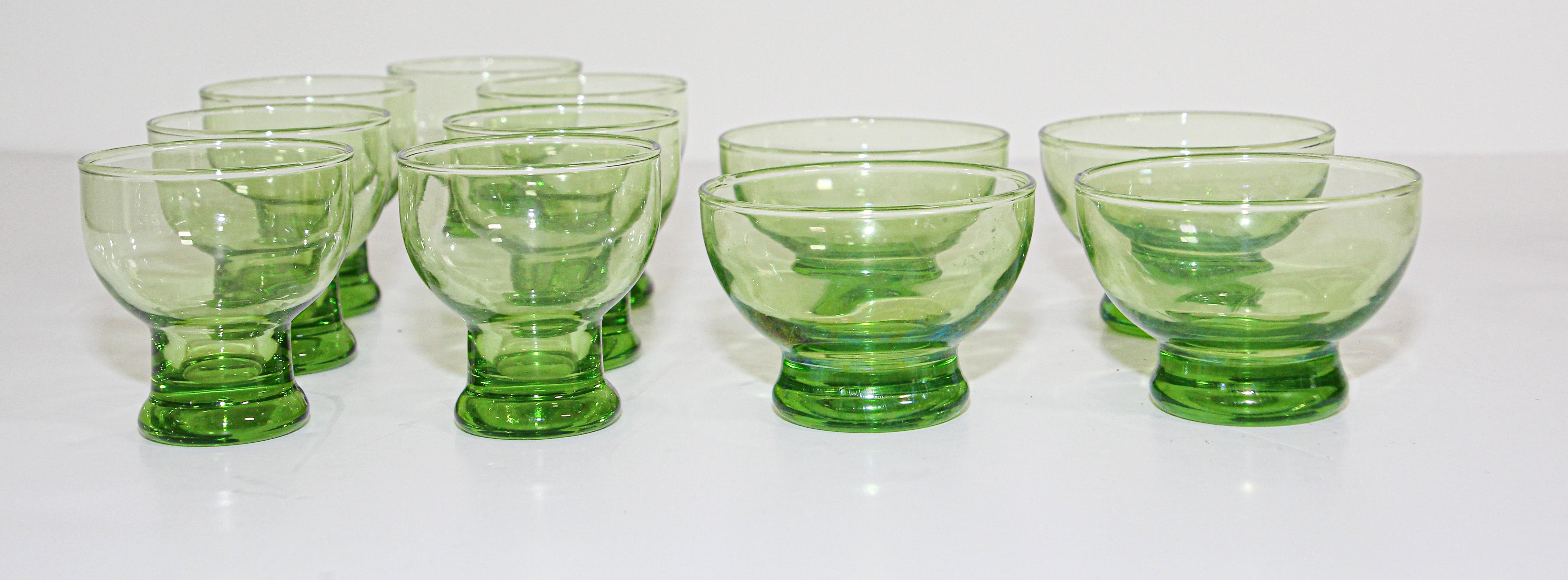 American Vintage Set of Green Cocktail Glasses in Brass Cart, 1960s