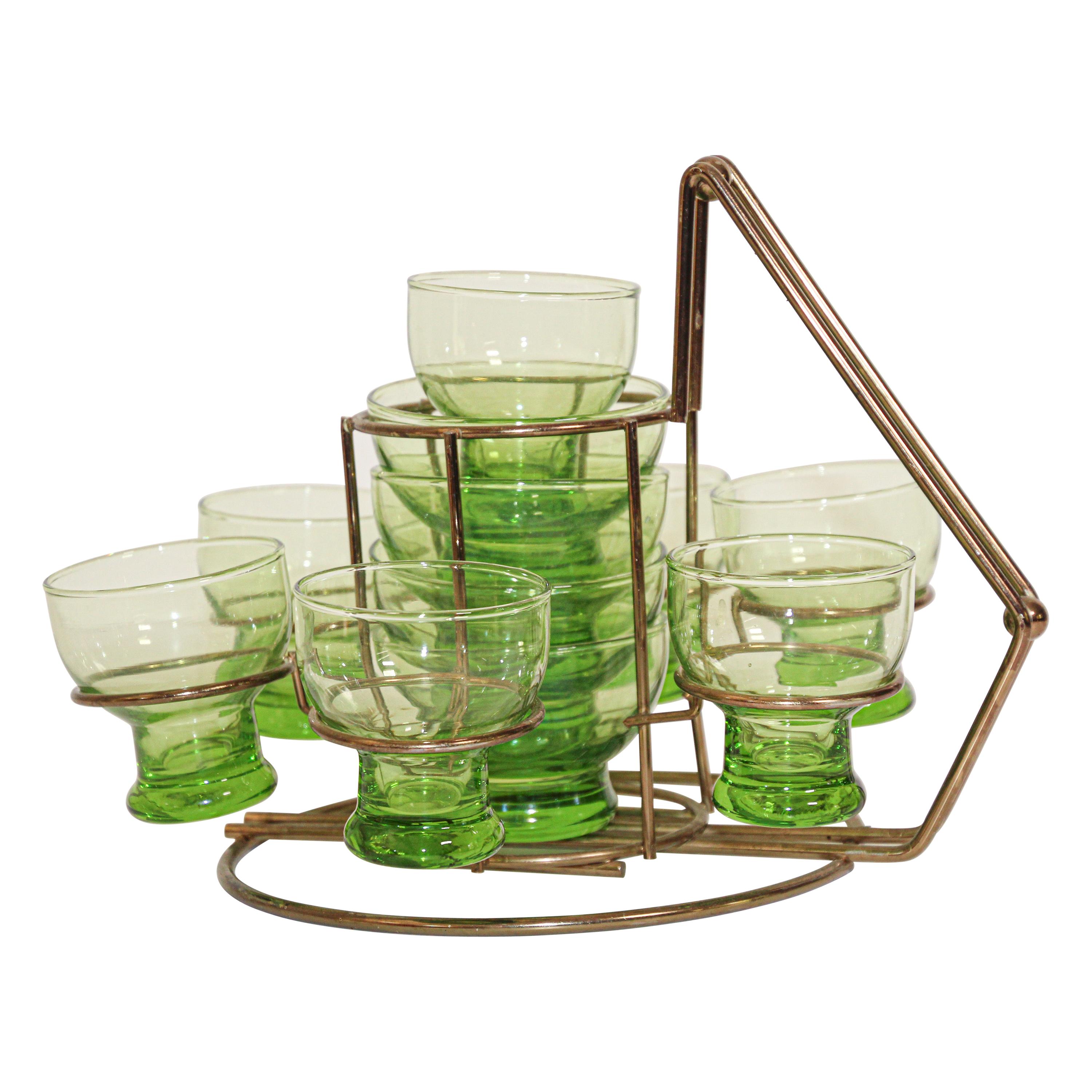 Vintage Set of Green Cocktail Glasses in Brass Cart, 1960s