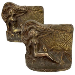 Vintage Set of Heavy Bronzed Cast Iron Nude Woman Bookends